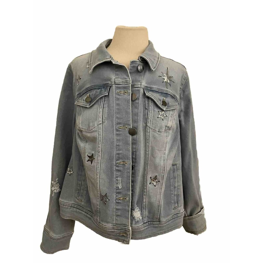 Y2k Lane Bryant jean jacket Size 16 Light Blue Stars distressed prairie‎
